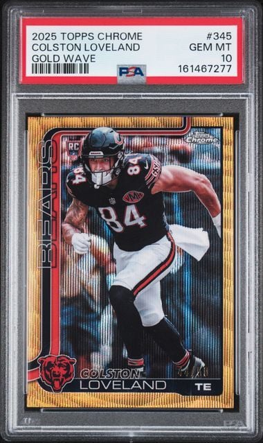 Graded 2025 Topps Chrome Colston Loveland #345 Gold Wave /50 Rookie RC Football Card PSA 10 Gem Mint