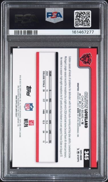 Graded 2025 Topps Chrome Colston Loveland #345 Gold Wave /50 Rookie RC Football Card PSA 10 Gem Mint