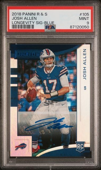 Graded 2018 Panini Rookies & Stars Josh Allen #105 Longevity Signature Blue Auto /49 Rookie RC Football Card PSA 9 Mint