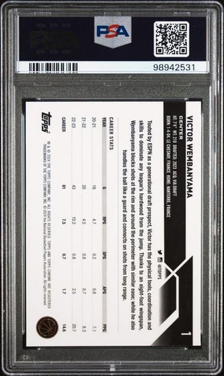 Graded 2023 Topps Chrome Victor Wembanyama #1 Blue Basketball Refractor Rookie RC Basketball Card PSA 9 Mint