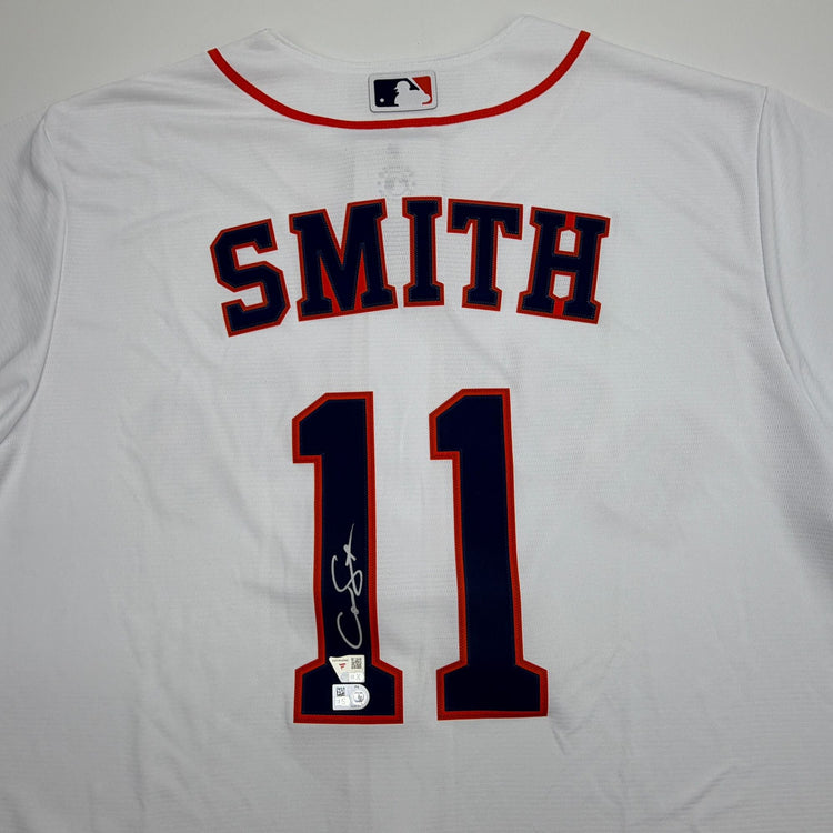 Autographed/Signed Cam Smith Houston Astros White Authentic Baseball Jersey Fanatics & MLB COA