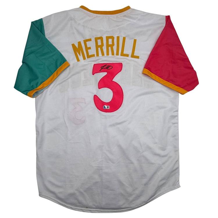 Autographed/Signed Jackson Merrill San Diego White City Connect Baseball Jersey Beckett BAS COA
