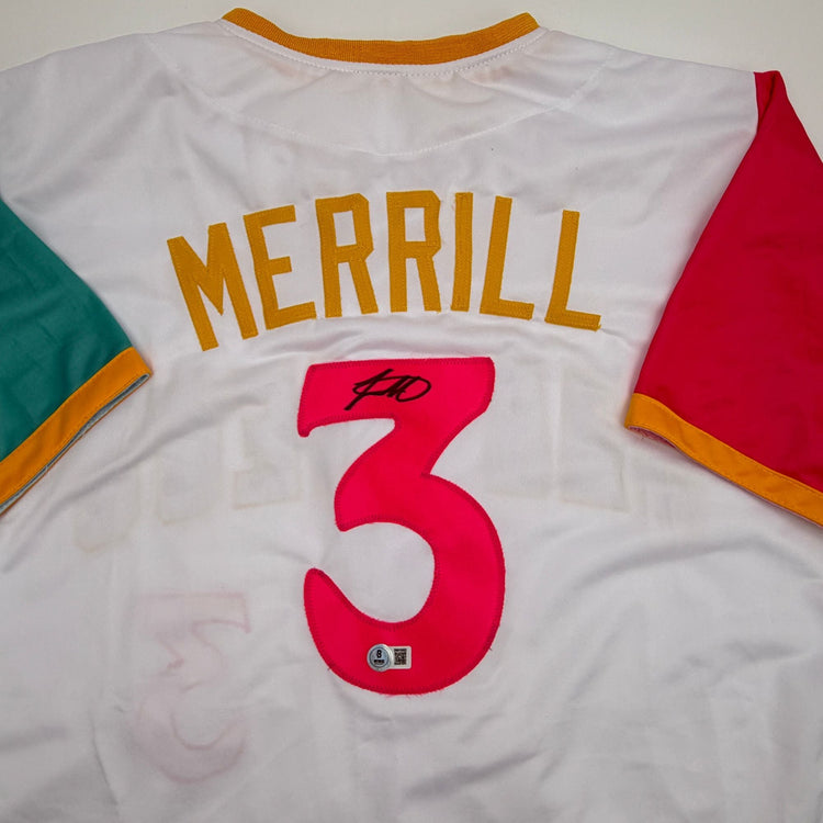 Autographed/Signed Jackson Merrill San Diego White City Connect Baseball Jersey Beckett BAS COA