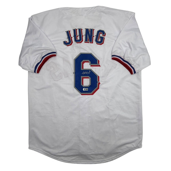 Autographed/Signed Josh Jung Texas White Baseball Jersey Beckett BAS COA