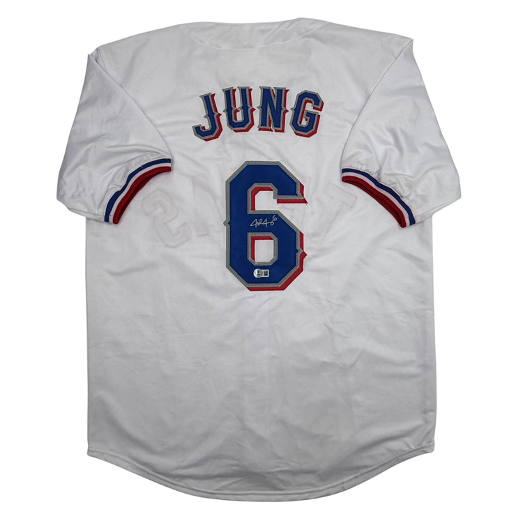 Autographed/Signed Josh Jung Texas White Baseball Jersey Beckett BAS COA
