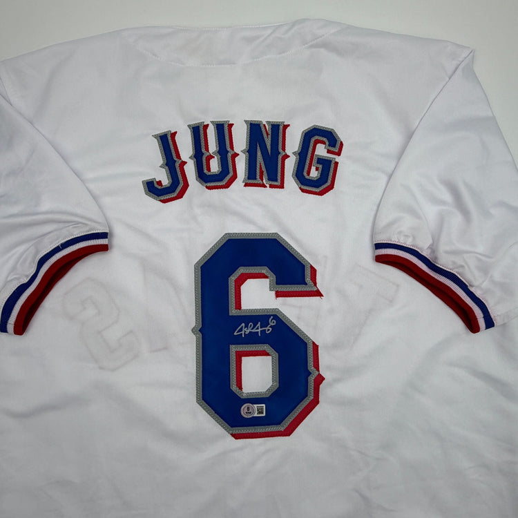 Autographed/Signed Josh Jung Texas White Baseball Jersey Beckett BAS COA