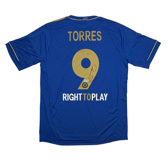 Autographed/Signed Fernando Torres Chelsea FC Blue/Gold Soccer Futbol Jersey Beckett BAS COA