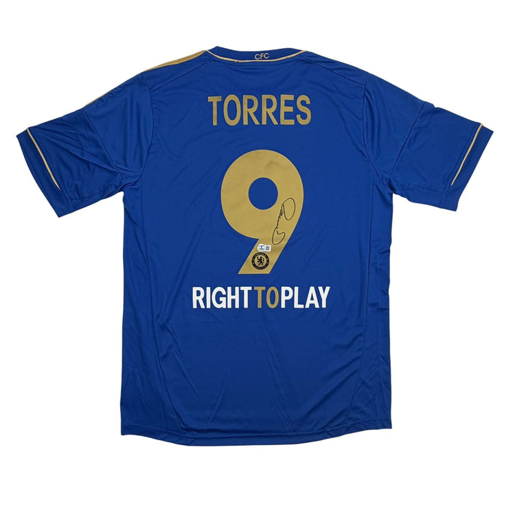 Autographed/Signed Fernando Torres Chelsea FC Blue/Gold Soccer Futbol Jersey Beckett BAS COA