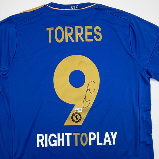 Autographed/Signed Fernando Torres Chelsea FC Blue/Gold Soccer Futbol Jersey Beckett BAS COA