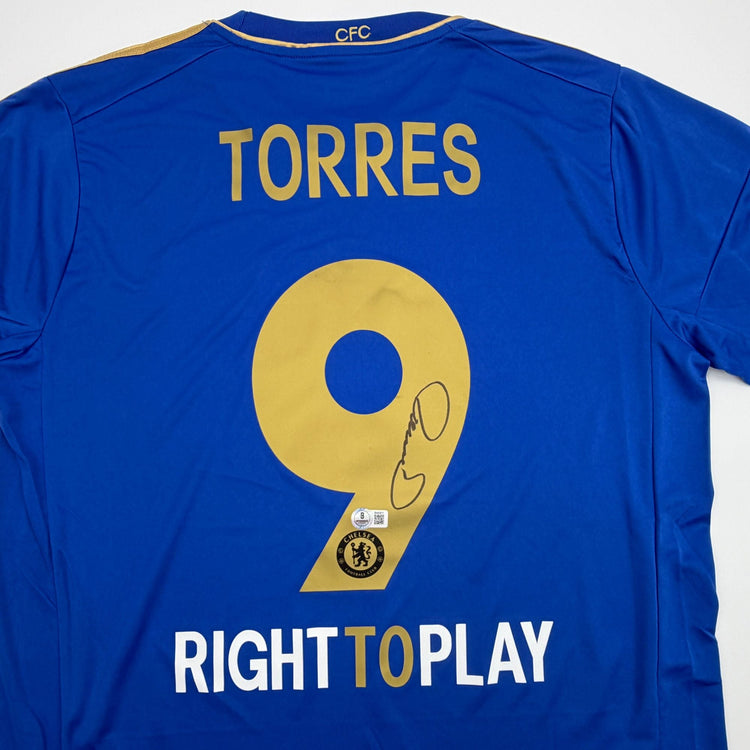 Autographed/Signed Fernando Torres Chelsea FC Blue/Gold Soccer Futbol Jersey Beckett BAS COA