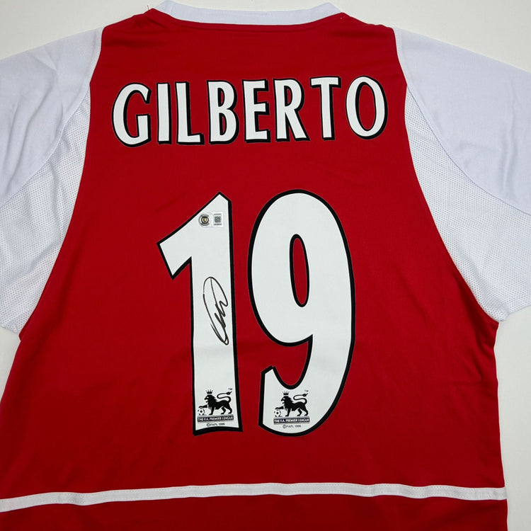 Autographed/Signed Gilberto Silva Arsenal Red Soccer Futbol Jersey Beckett BAS COA