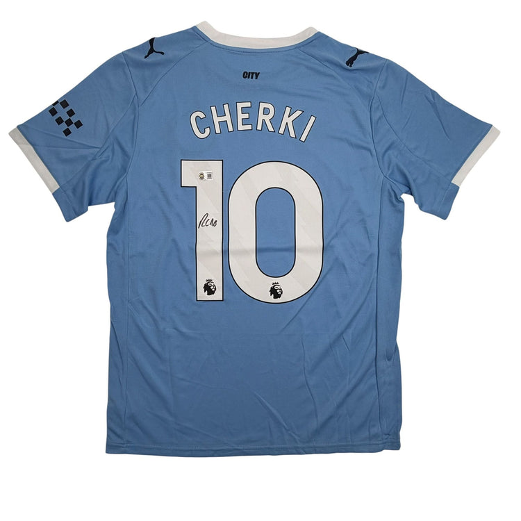 Autographed/Signed Rayan Cherki Manchester City Blue Soccer Futbol Jersey Beckett BAS COA