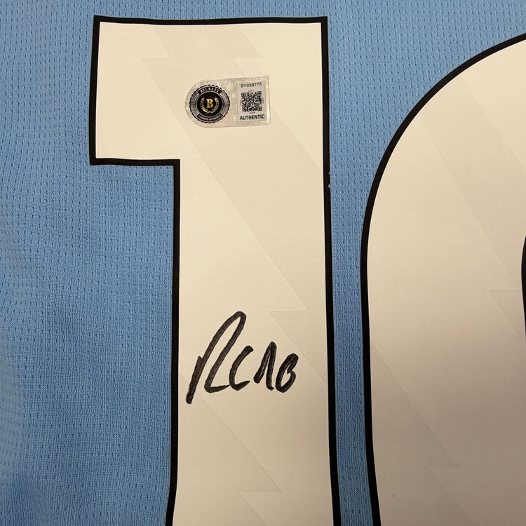 Autographed/Signed Rayan Cherki Manchester City Blue Soccer Futbol Jersey Beckett BAS COA