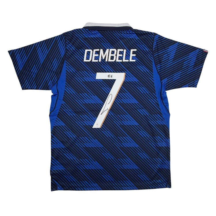 Autographed/Signed Ousmane Dembele France Blue Soccer Futbol Jersey Beckett BAS COA