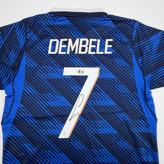 Autographed/Signed Ousmane Dembele France Blue Soccer Futbol Jersey Beckett BAS COA