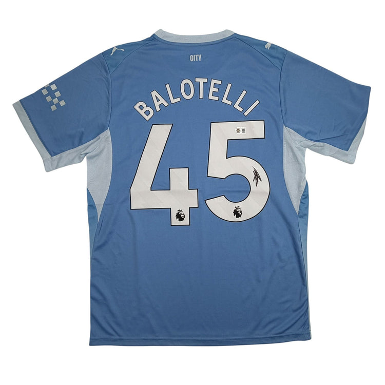 Autographed/Signed Mario Balotelli Manchester City Blue Soccer Futbol Jersey Beckett BAS COA