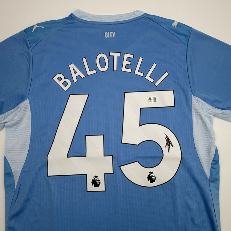 Autographed/Signed Mario Balotelli Manchester City Blue Soccer Futbol Jersey Beckett BAS COA