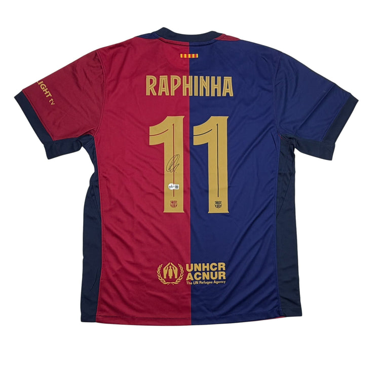 Autographed/Signed Raphinha Raphael Belloli FC Barcelona Navy #11 Soccer Jersey Beckett BAS COA