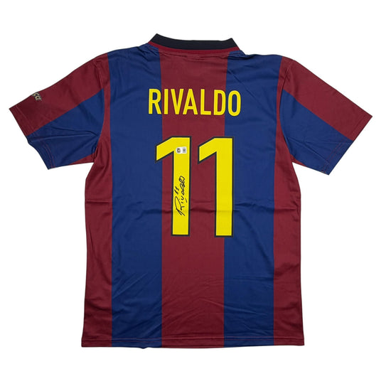 Autographed/Signed Rivaldo Ferreira FC Barcelona Maroon Soccer Jersey Beckett BAS COA