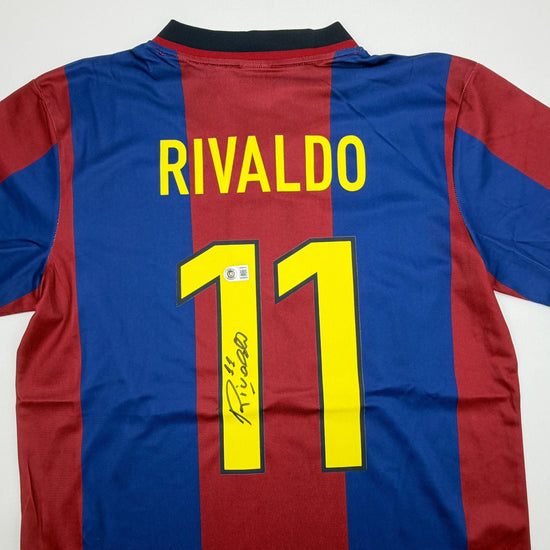 Autographed/Signed Rivaldo Ferreira FC Barcelona Maroon Soccer Jersey Beckett BAS COA