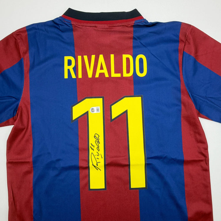 Autographed/Signed Rivaldo Ferreira FC Barcelona Maroon Soccer Jersey Beckett BAS COA