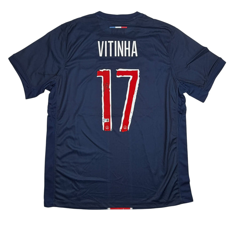 Autographed/Signed Vitinha PSG Paris Saint Germain Blue Soccer Jersey Beckett BAS COA