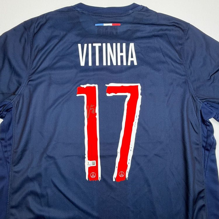 Autographed/Signed Vitinha PSG Paris Saint Germain Blue Soccer Jersey Beckett BAS COA
