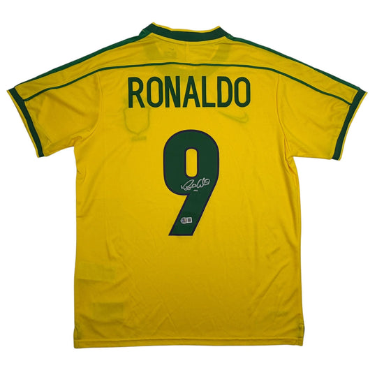 Autographed/Signed Ronaldo Nazario Brazil Yellow Soccer Jersey Beckett BAS COA #2
