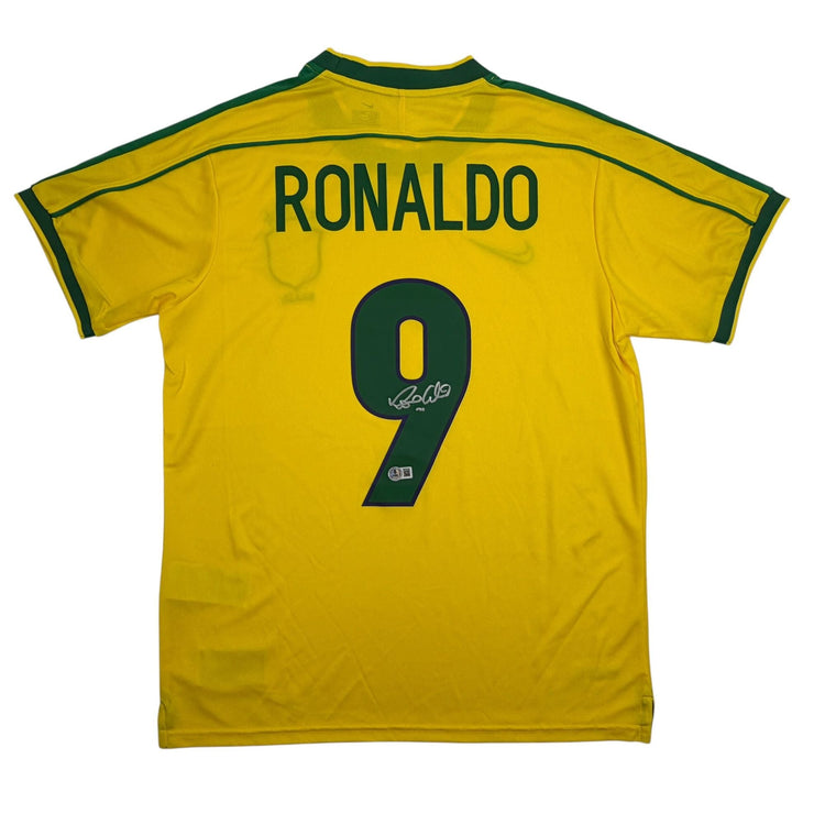 Autographed/Signed Ronaldo Nazario Brazil Yellow Soccer Jersey Beckett BAS COA #2