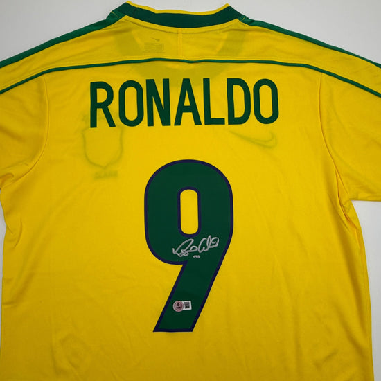 Autographed/Signed Ronaldo Nazario Brazil Yellow Soccer Jersey Beckett BAS COA #2