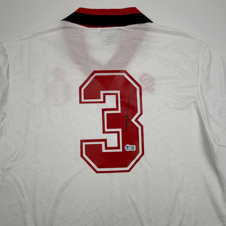 Autographed/Signed Paolo Maldini AC Milan White Soccer Futbol Jersey Beckett BAS COA