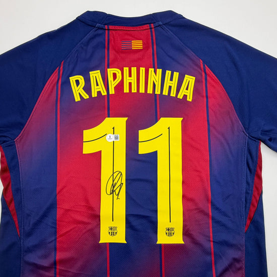 Autographed/Signed Raphinha Raphael Belloli FC Barcelona Blue #11 Soccer Jersey Beckett BAS COA