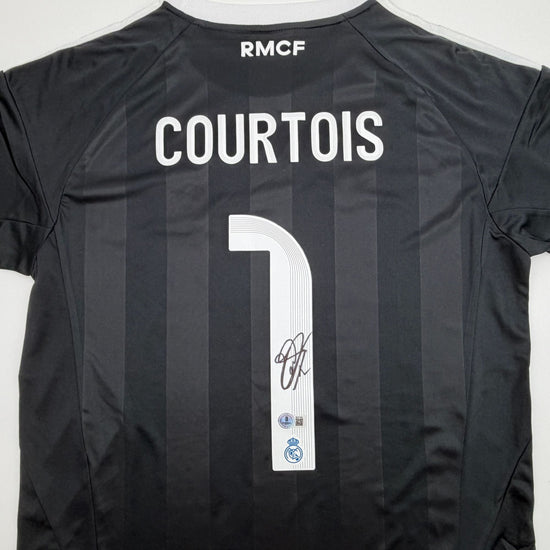Autographed/Signed Thibaut Courtois Real Madrid Black Soccer Jersey Beckett BAS COA