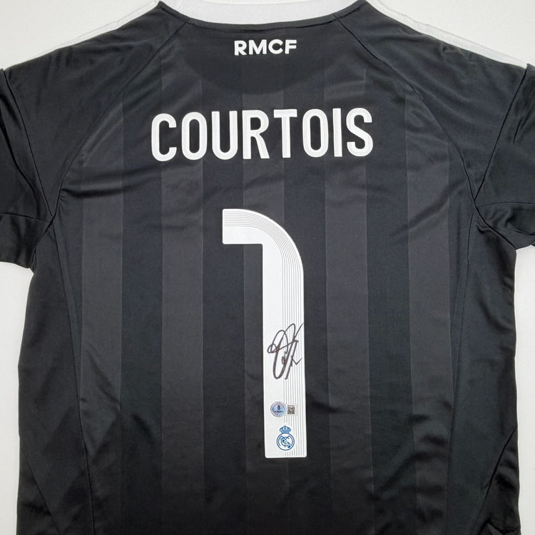 Autographed/Signed Thibaut Courtois Real Madrid Black Soccer Jersey Beckett BAS COA