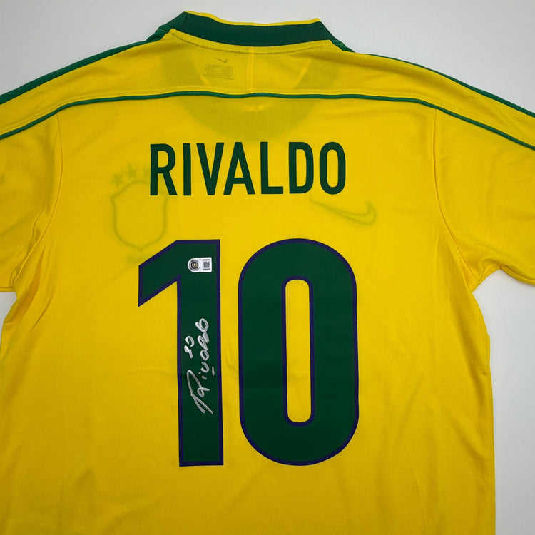 Autographed/Signed Rivaldo Brazil Yellow Soccer Futbol Jersey Beckett BAS COA