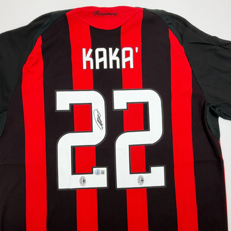 Autographed/Signed Ricardo Kaka AC Milan Black/White Soccer Futbol Jersey Beckett BAS COA