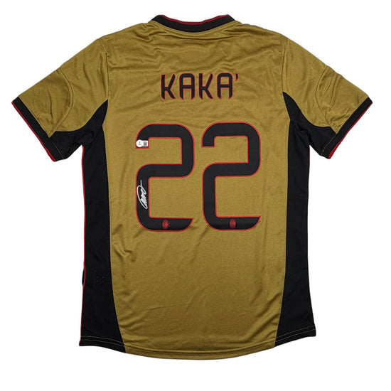 Autographed/Signed Ricardo Kaka AC Milan Gold Soccer Futbol Jersey Beckett BAS COA