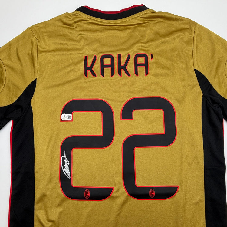 Autographed/Signed Ricardo Kaka AC Milan Gold Soccer Futbol Jersey Beckett BAS COA