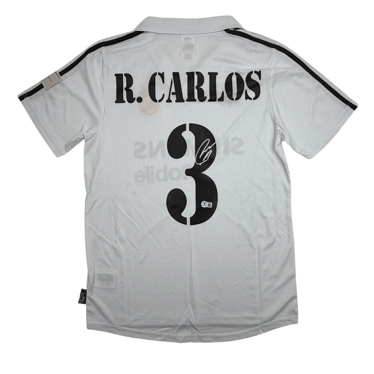 Autographed/Signed Roberto Carlos Real Madrid White/Black Soccer Jersey Beckett BAS COA