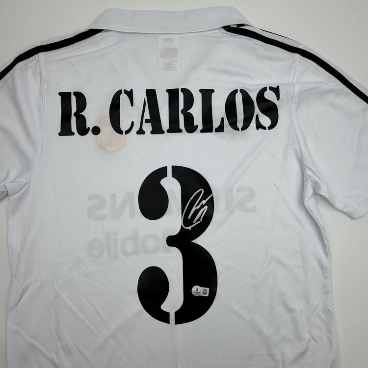 Autographed/Signed Roberto Carlos Real Madrid White/Black Soccer Jersey Beckett BAS COA