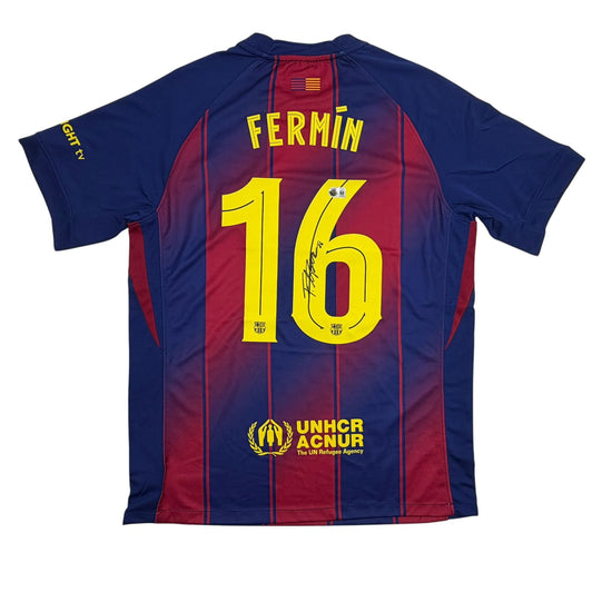 Autographed/Signed Fermin Lopez FC Barcelona Red/Blue Soccer Jersey Beckett BAS COA