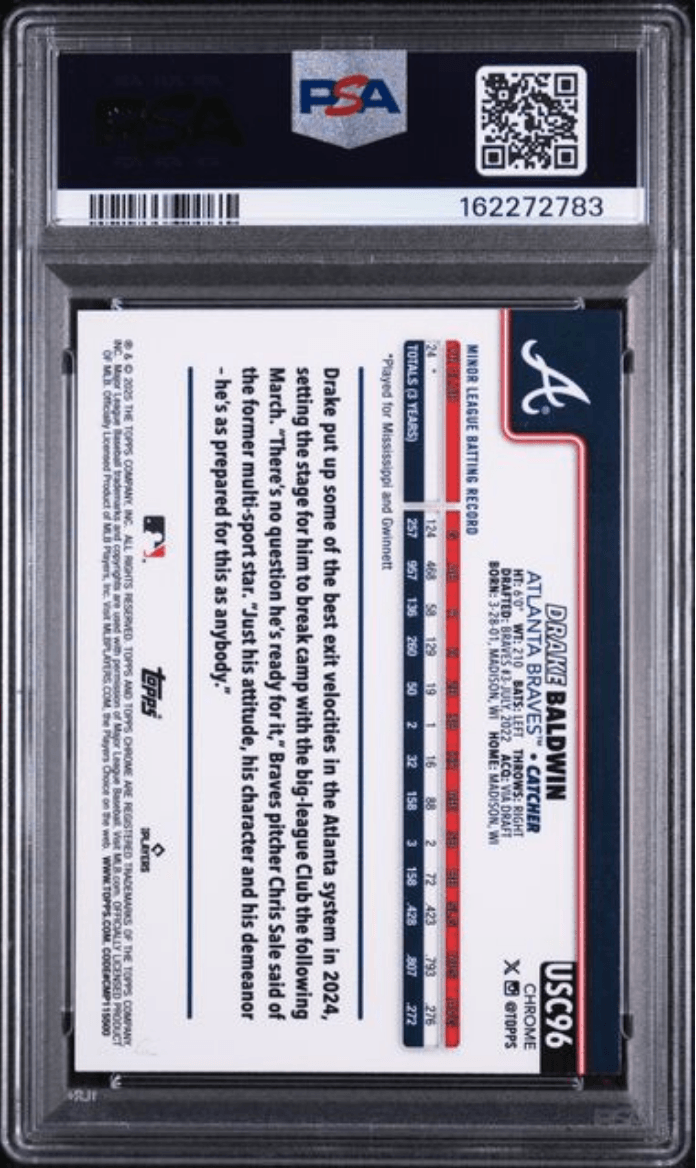 Graded 2025 Topps Chrome Update Drake Baldwin #96 Raywave Rookie RC Baseball Card PSA 10 Gem Mint