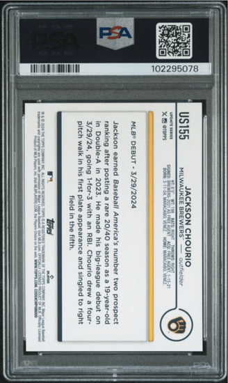 Graded 2024 Topps Update Jackson Chourio #US155 Rookie RC Baseball Card PSA 10 Gem Mint