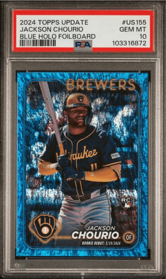 Graded 2024 Topps Update Jackson Chourio #US155 Blue Holo Foilboard /999 Rookie RC Baseball Card PSA 10 Gem Mint