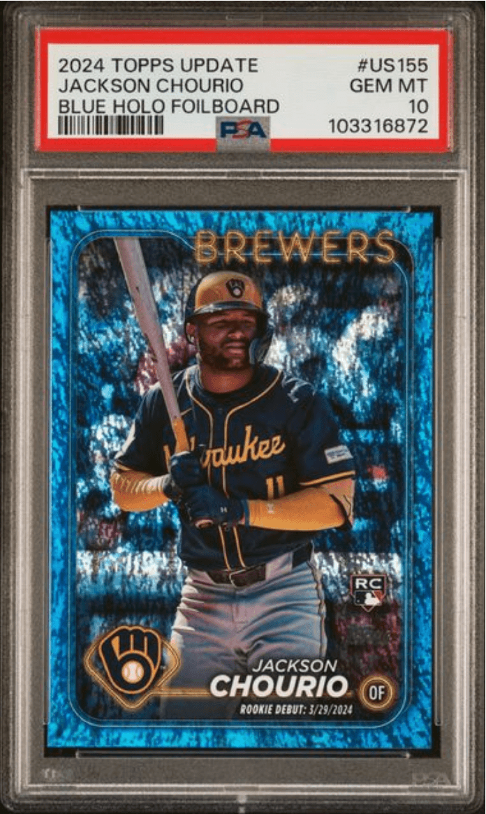 Graded 2024 Topps Update Jackson Chourio #US155 Blue Holo Foilboard /999 Rookie RC Baseball Card PSA 10 Gem Mint