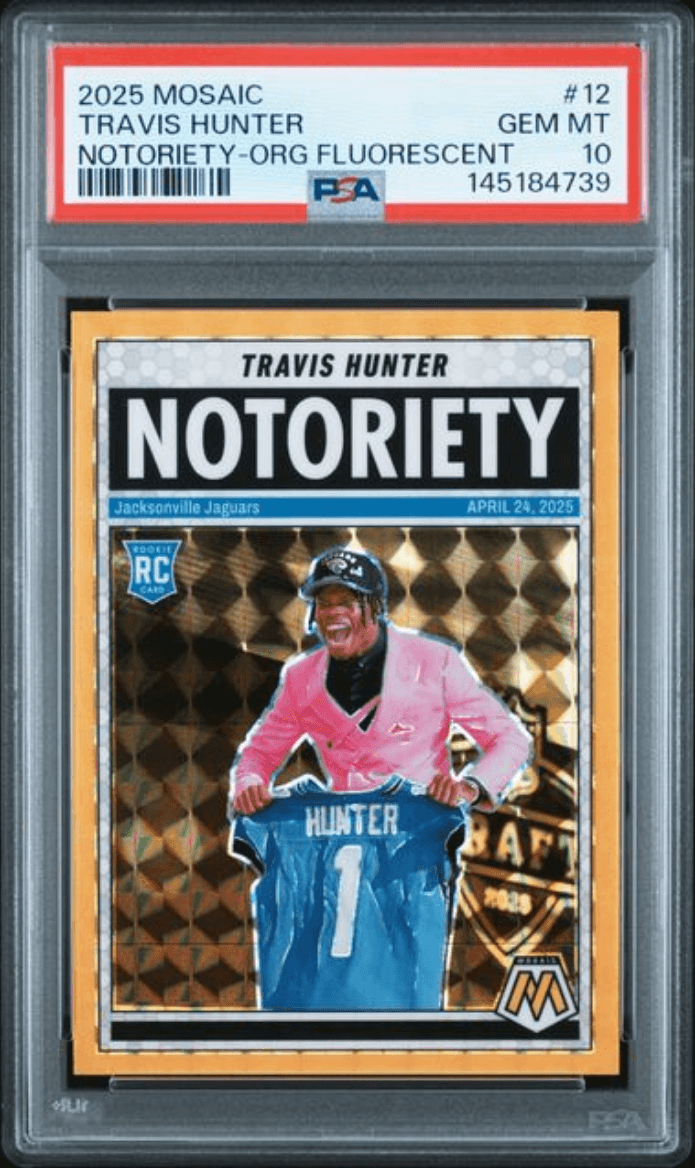 Graded 2025 Panini Mosaic Travis Hunter #12 Notoriety Orange Fluorescent Rookie RC Football Card PSA 10 Gem Mint