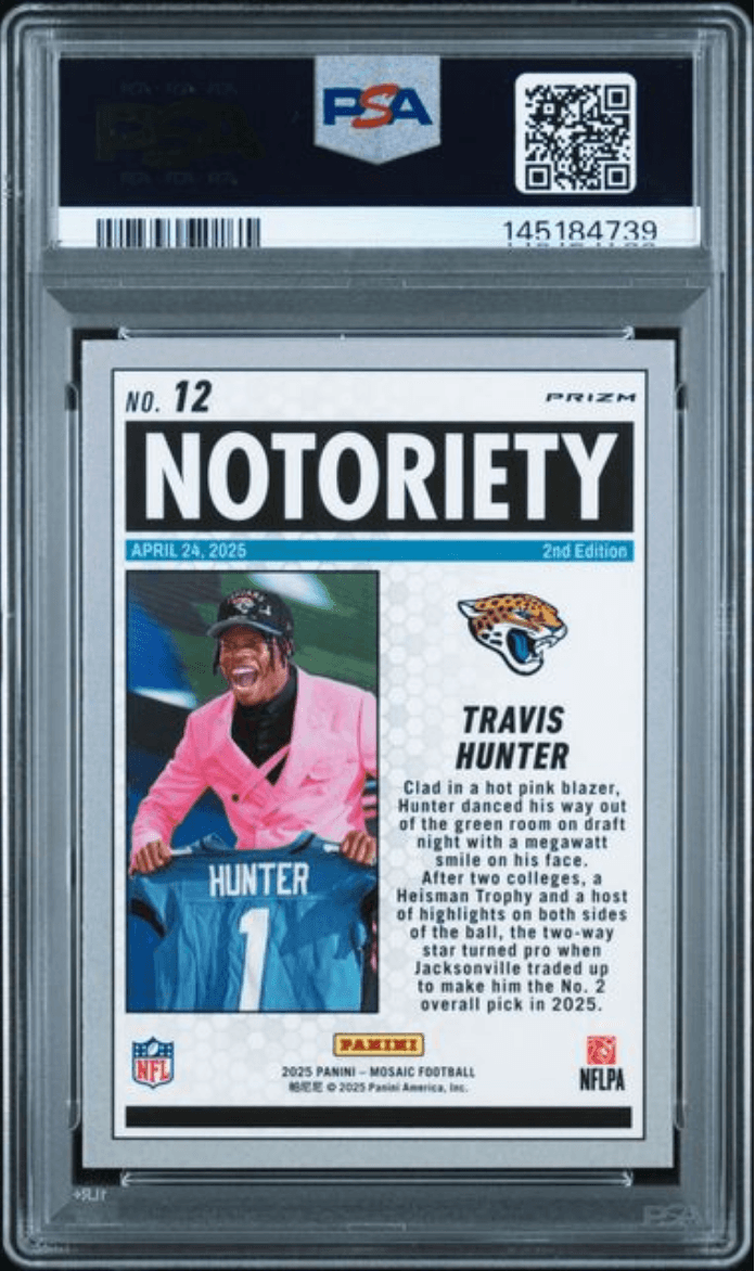 Graded 2025 Panini Mosaic Travis Hunter #12 Notoriety Orange Fluorescent Rookie RC Football Card PSA 10 Gem Mint