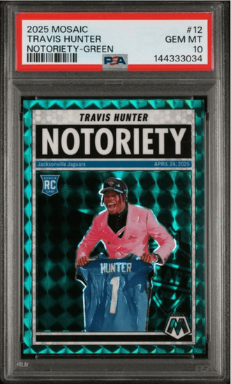 Graded 2025 Panini Mosaic Travis Hunter #12 Notoriety Green Rookie RC Football Card PSA 10 Gem Mint