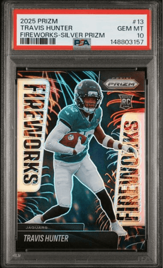 Graded 2025 Panini Prizm Travis Hunter #13 Fireworks Silver Rookie RC Football Card PSA 10 Gem Mint