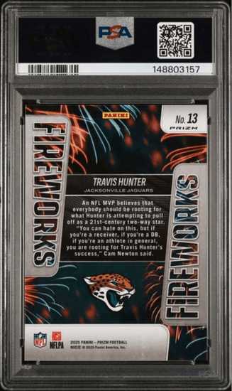 Graded 2025 Panini Prizm Travis Hunter #13 Fireworks Silver Rookie RC Football Card PSA 10 Gem Mint